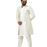 Alluring Pastel Thread Embroidered Off-White Open Sherwani with Kurta Pajama Set | Father Son Combo | Jaipurio Collection